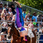 Rider in purple pants performs a handstand on a brown horse while a large crowd watches from bleachers.