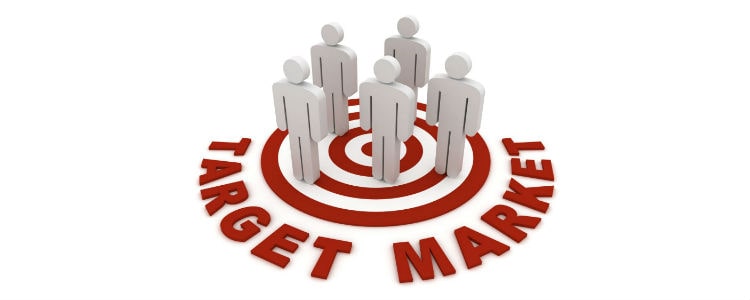 Abstract figures forming a circle around a bullseye labeled TARGET MARKET, illustrating audience targeting.