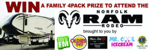 Promotional banner offering a chance to win a family four-pack to attend the Norfolk RAM Rodeo, with sponsor logos below.