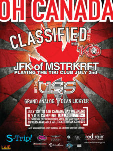 Concert poster with bold white text on red sunburst background, advertising a Canadian-themed music event featuring multiple artists and dates.