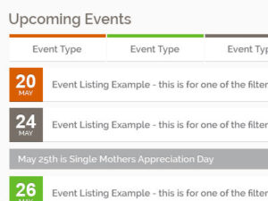 Upcoming Events panel with a color-coded date list: May 20 in orange, May 24 in gray, May 25 note, and May 26 in green with short titles.