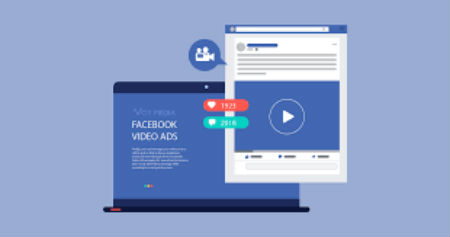 Illustration of a laptop and a second screen showing Facebook video ads, with a play button on the video and like/comment/notification icons.