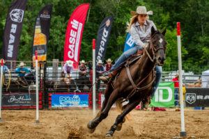 Cowgirl in a hat riding a brown horse as they clear a jump in a dirt arena with colorful banners nearby.