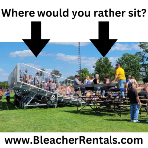 Outdoor bleachers full of people with two large arrows overhead; caption reads 'Where would you rather sit?' and the site www.BleacherRentals.com.