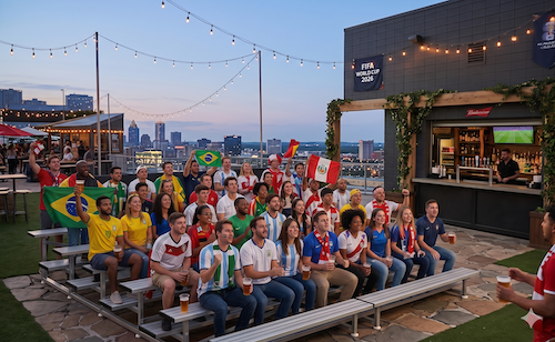 Crowd of diverse soccer fans in team jerseys and national flags watching a game on a rooftop terrace with string lights and a bar in the background.